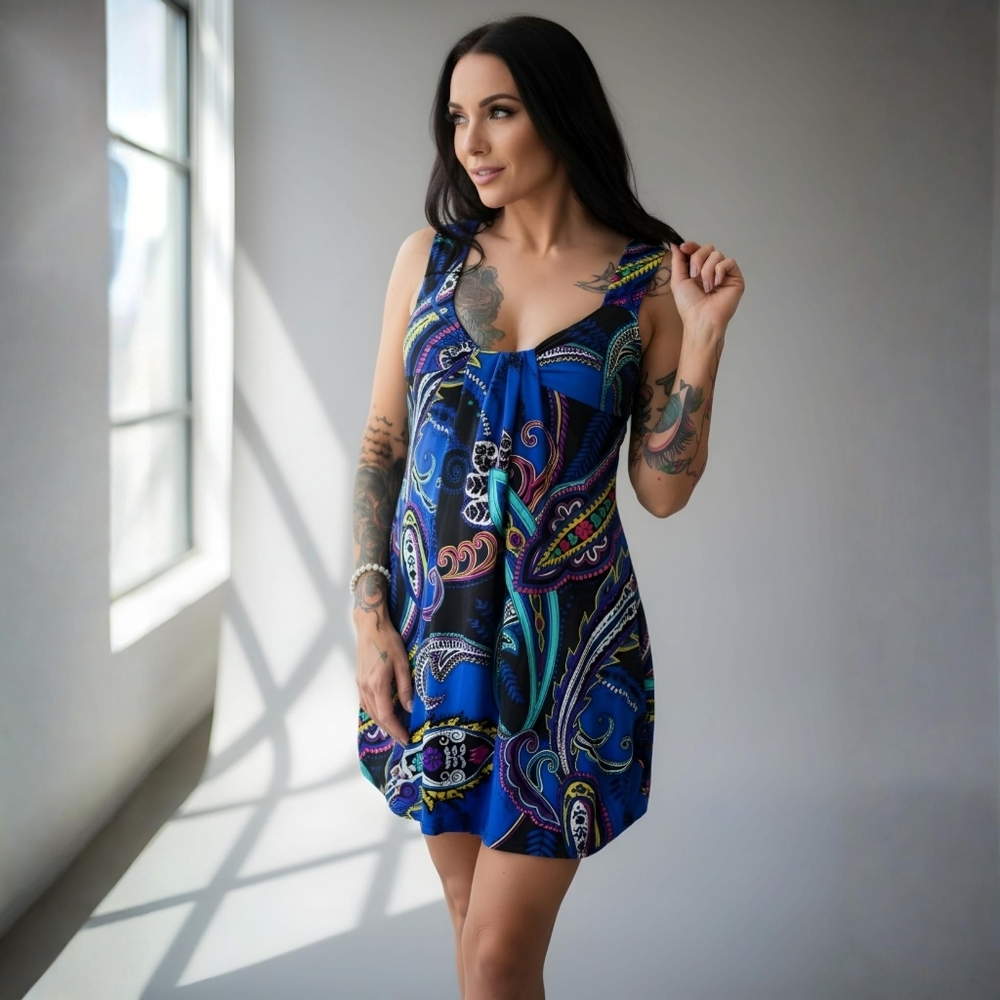MANDEE ✦ Geometric Print Bodycon Mini Dress ✦ Padded Bust w/ Stretch Blues S EUC